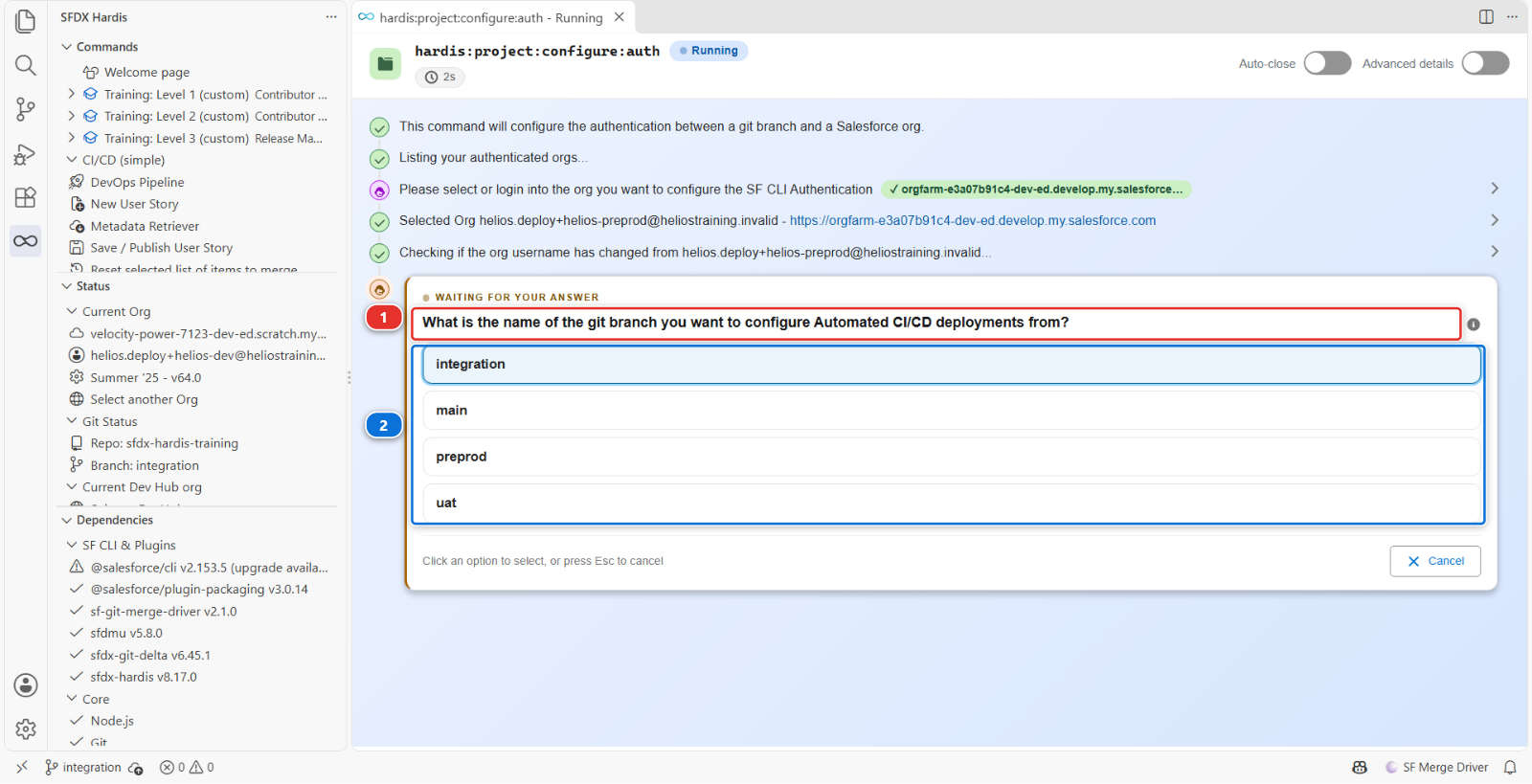 The Add/Configure Org command asking which git branch to configure