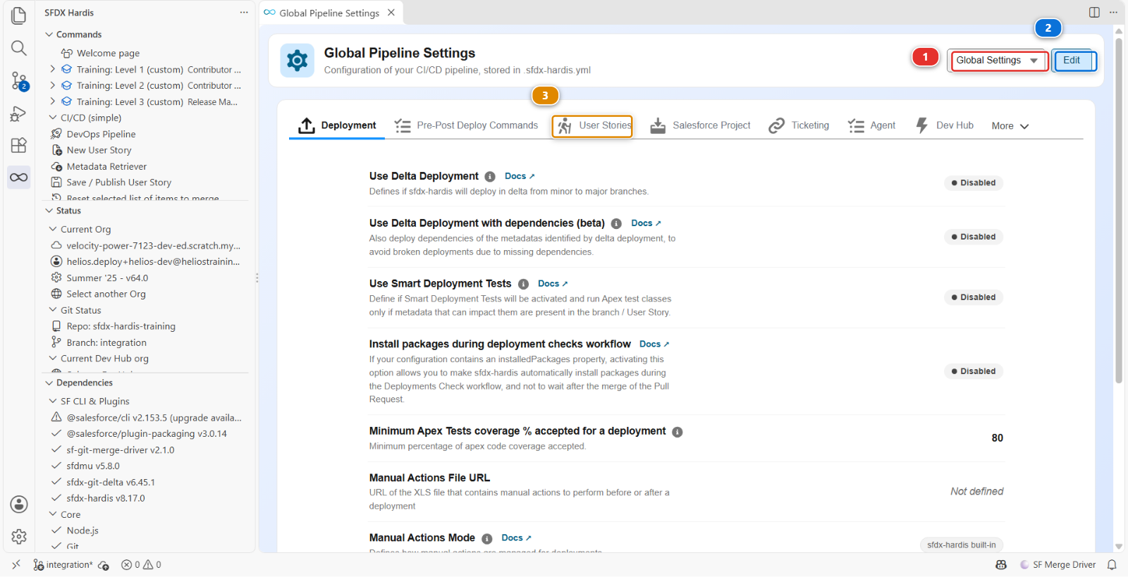 The Global Pipeline Settings screen, with the scope selector, the Edit button and the User Stories tab