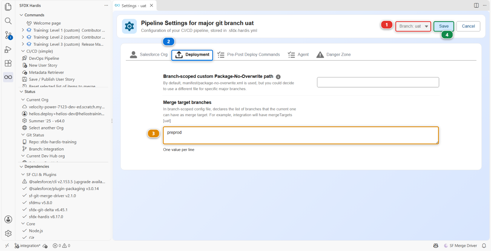The Deployment tab of the uat branch settings, unlocked, with preprod as its merge target