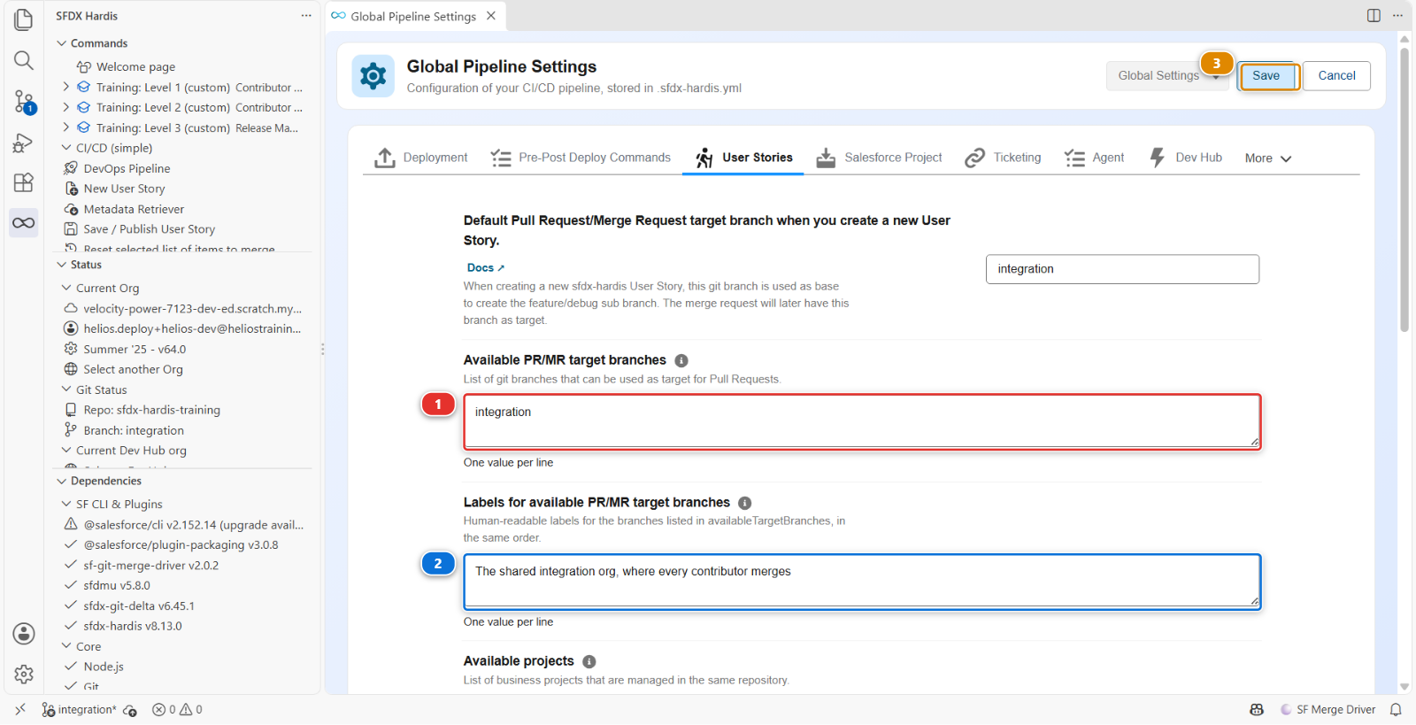 The two target branch lists of the User Stories tab, unlocked for editing