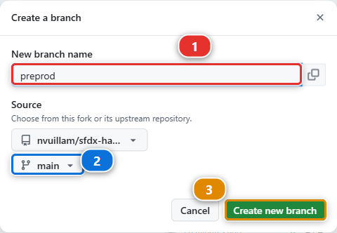 The New branch dialog of GitHub, creating preprod from main