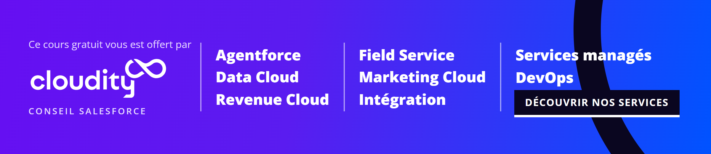 Cloudity, conseil Salesforce : Agentforce, Data Cloud, Revenue Cloud, Field Service, Marketing Cloud, intégration, services managés, DevOps